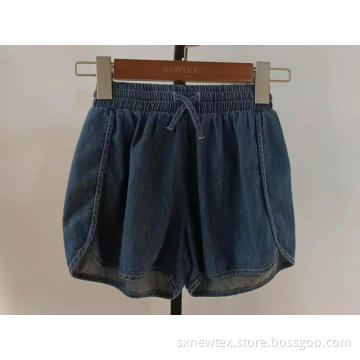 sports dark blue denim elastic waist girls shorts